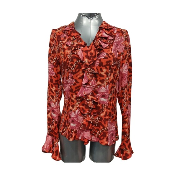 Galliano Tops - Vintage Silk Gallia Leopard Floral Chain Print Ruffle V‎ Neck Button Blouse Sz 8